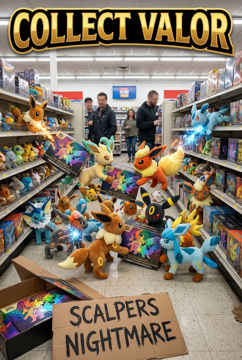Fictional plush creatures competing over anniversary Elite Trainer Boxes in a card shop aisle