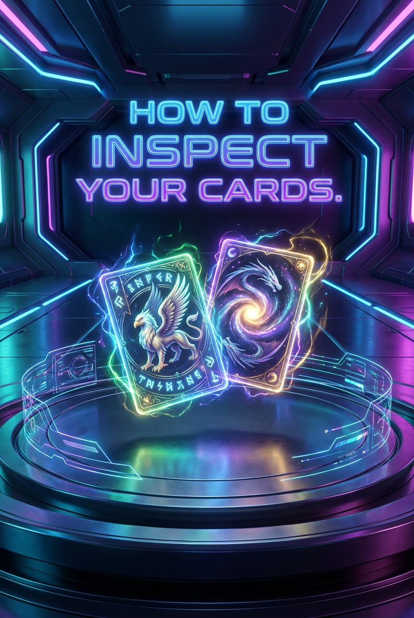 Neon artwork encouraging collectors to inspect their cards
