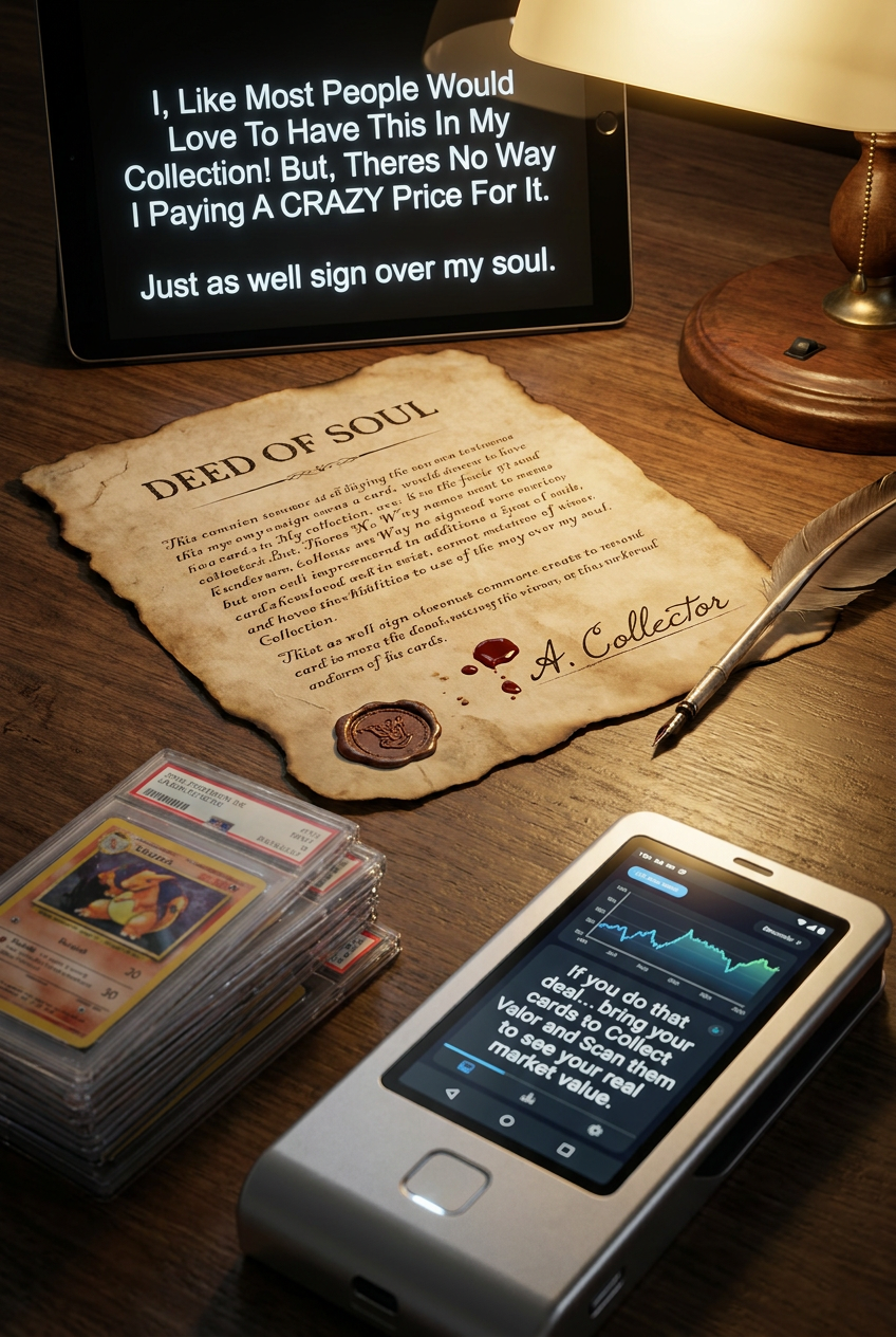 A playful collector's scene with a contract for a soul, collectible cards, and a phone showing market information